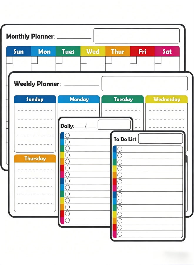 4pcs Non-Magnetic Dry Erase Calendar Set for Fridge - 14.5“x11.5 Reusable Monthly and Weekly Calendar - 6.5"x11.5" Menu and List Board Sticks to Most Smooth Surfaces - 8 Dry Erase Markers Included